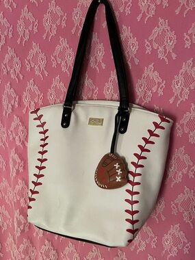 Betsey Johnson White Tote with Red Baseball Stitching and Black Handles